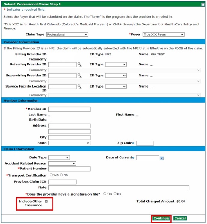 step1 screen to submit professional claim with other insurance