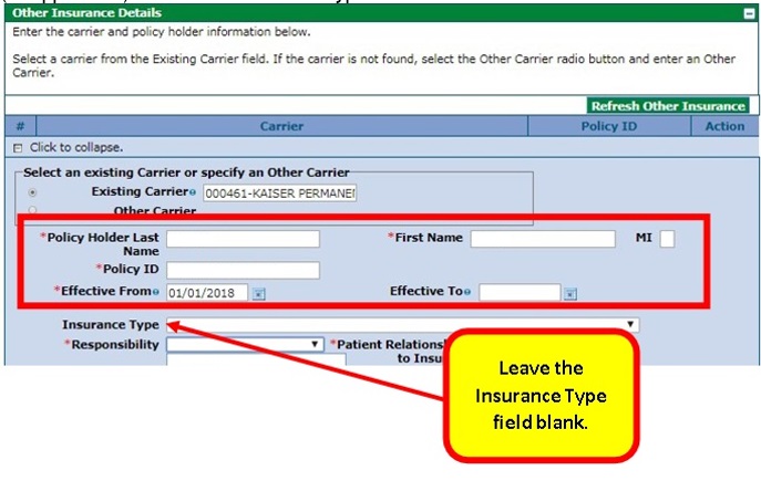 screenshot showing where to enter other insurance details