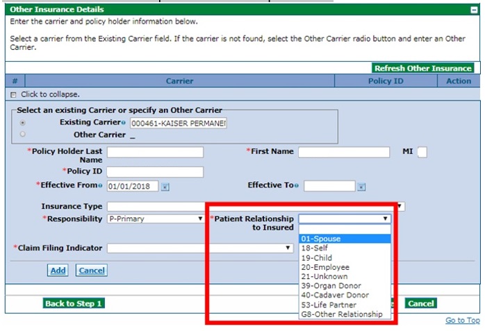 screenshot showing Patient Relationship to Insured drop-down menu