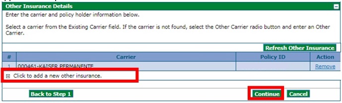 screenshot with Click to add a new other insurance and Continue circled