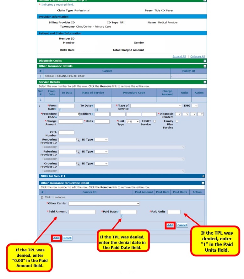 Screenshot showing where amounts paid, denied, or applied to deductible appear