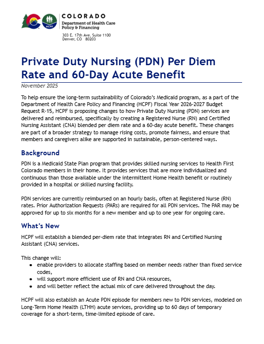Thumbnail of Private Duty Nursing (PDN) Per Diem Rate and 60-Day Acute Benefit Fact Sheet
