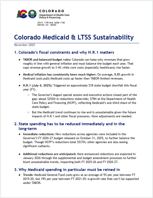 Colorado Medicaid & LTSS Sustainability Fact Sheet