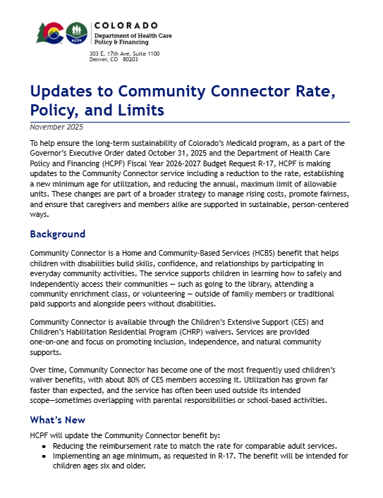 Thumbnail of Updates to Community Connector Rate, Policy, and Limits Fact Sheet
