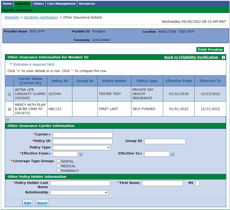 Other Insurance Detail panel