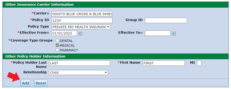 update Other POlicy Holder section with red arrow pointing to button that reads Add