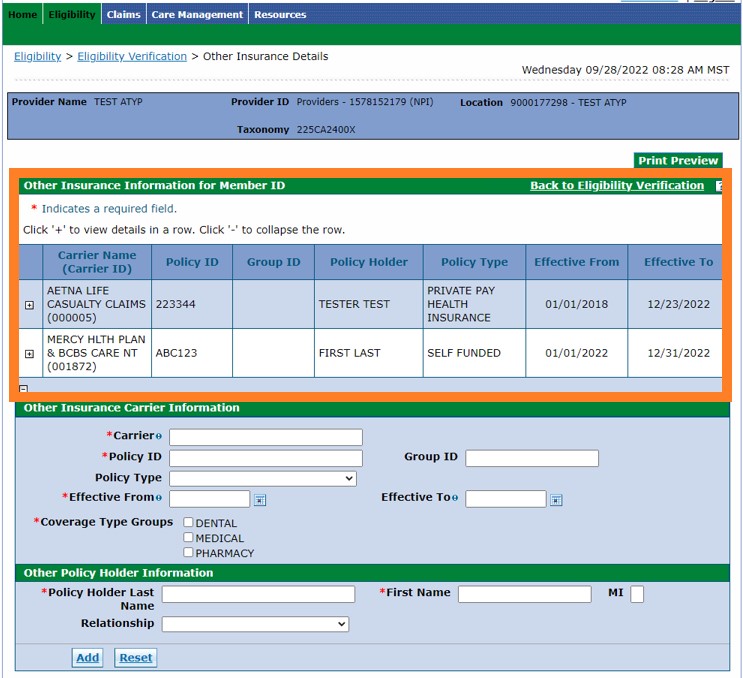 Detail panel with outline around the Other Insurance Information for Member ID section