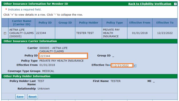 other insurance carrier information with POlicy ID and Effective to fields outlined