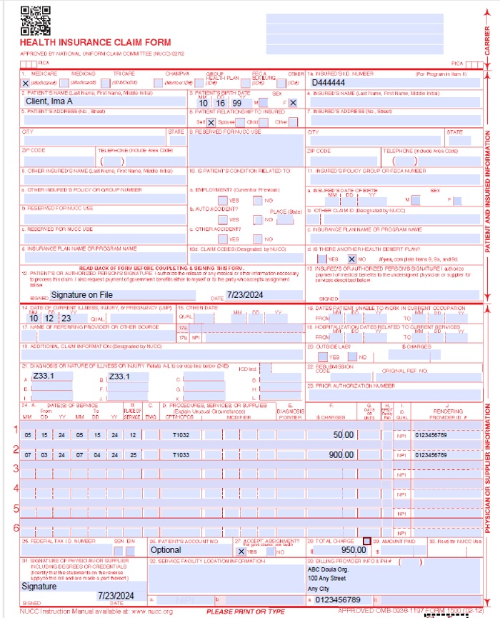 Example of a filled claim form for Doulas