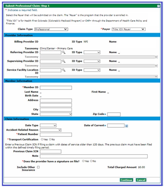 Screenshot of the page Submit Professional Claim: Step 1