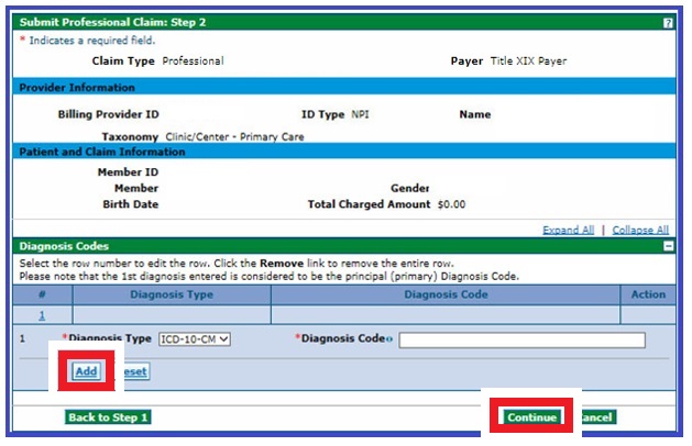 screenshot of wher eto enter Diagnosis Codes with the Add button and the Continue button circled