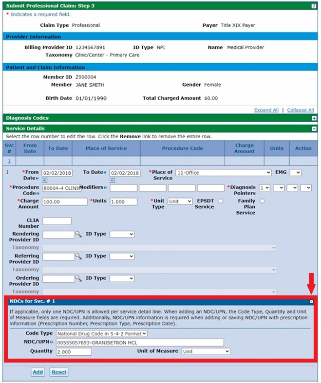 NDC section circled with arrow pointing to location on the + sign