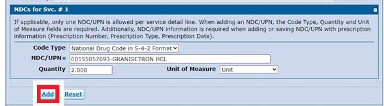 NDC section with the Add button circled