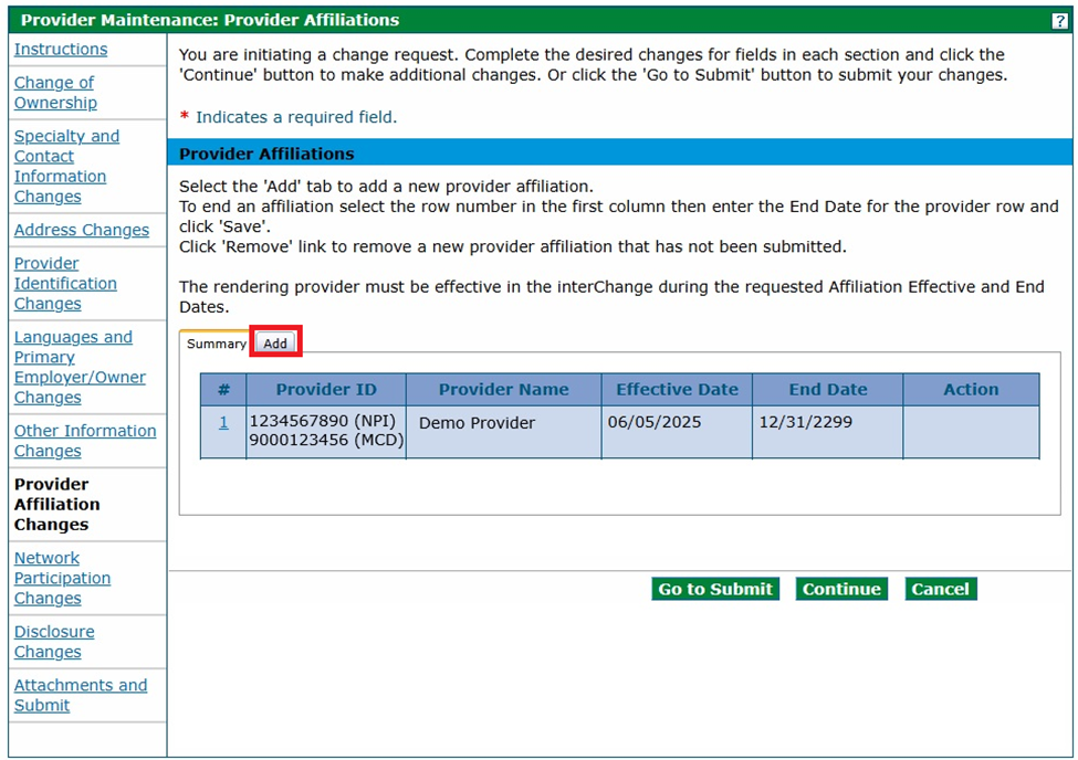 Panel - Provider Affiliation Changes Add tab