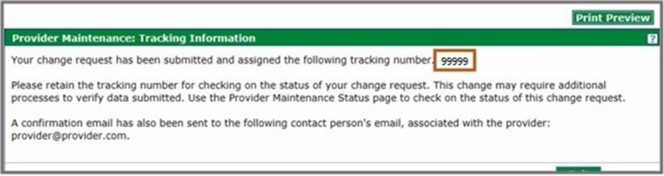 Provider Maintenance: Tracking Information section with sample tracking number highlighted