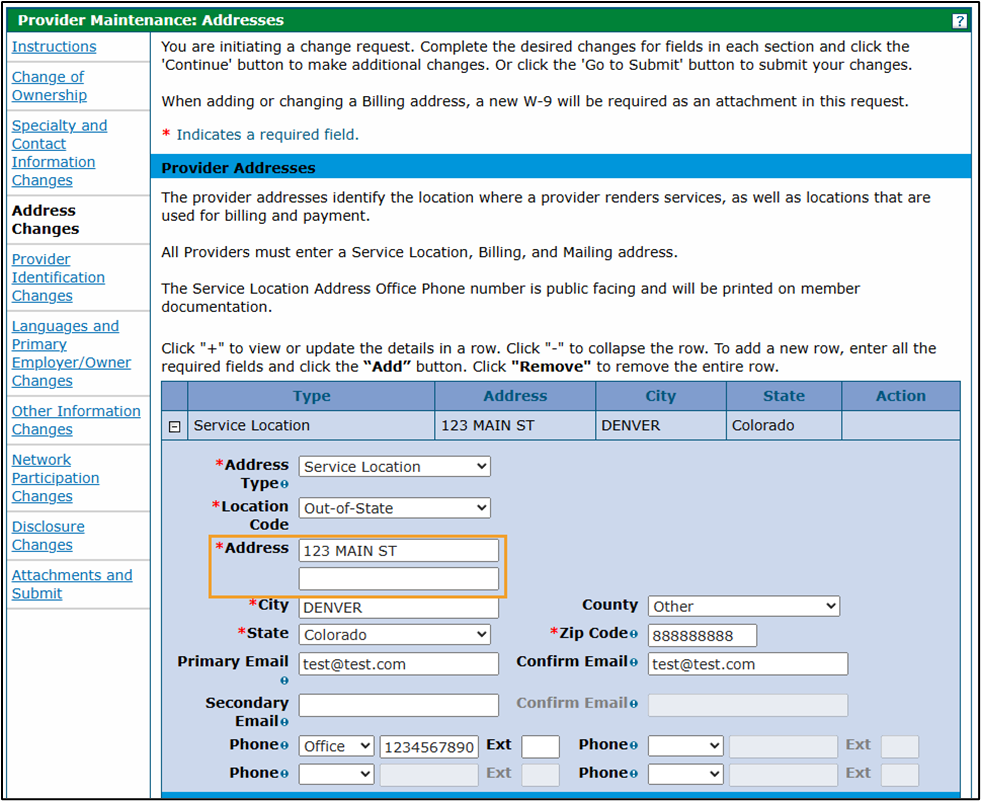 Address Changes panel with Address and secondary Address fields highlighted