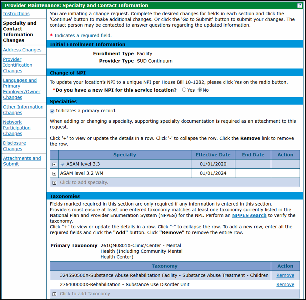 Specialty and Contact Information Changes panel