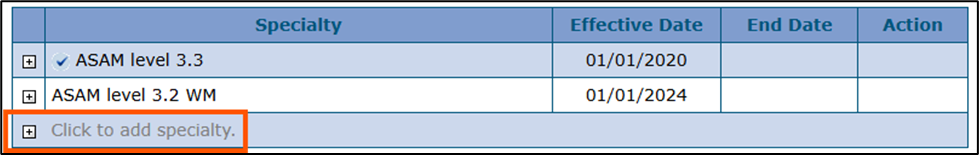 Specialty table with Click to add specialty highlighted