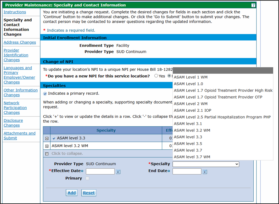 Specialty drop-down menu shown expanded