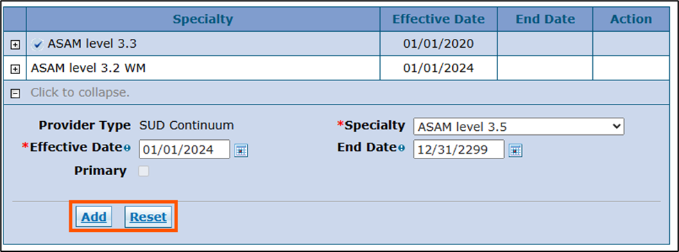 Add and Reset buttons highlighted