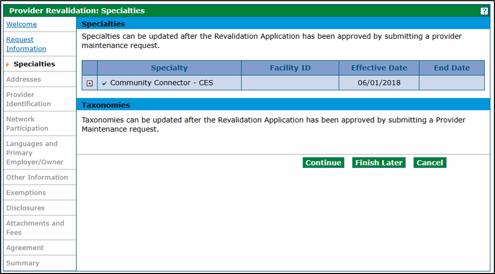 Specialties panel for HCBS