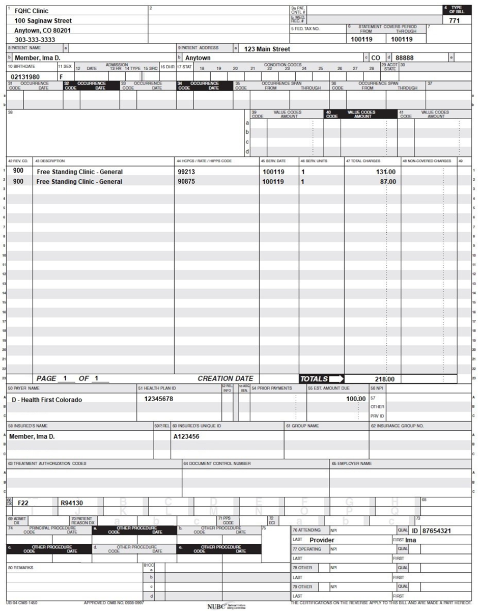  FQHC Behavioral Health E/M FFS Claim Example