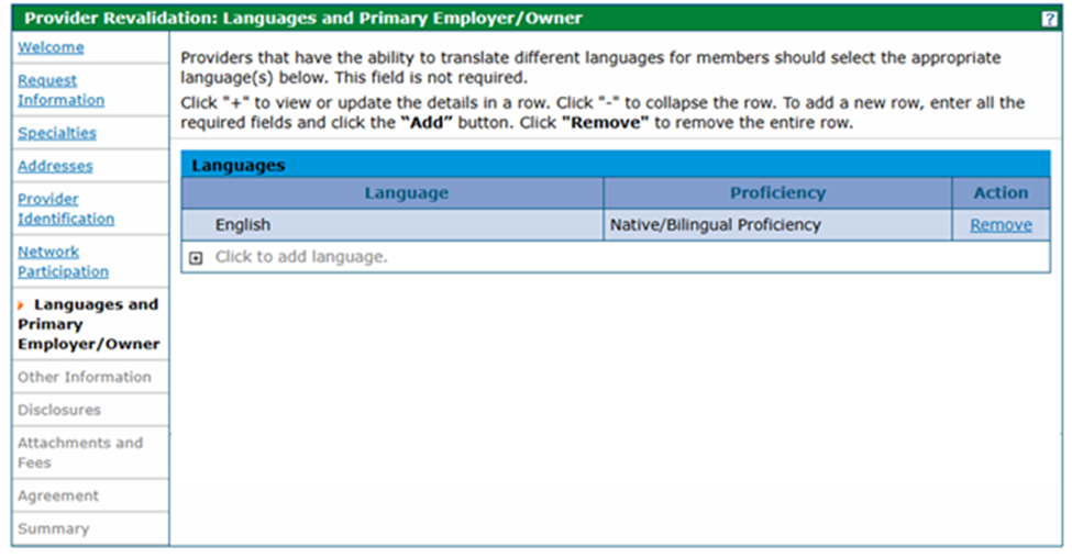 Screenshot of the Provider Revalidation: Languages and Primary Employer/Owner panel - add language 