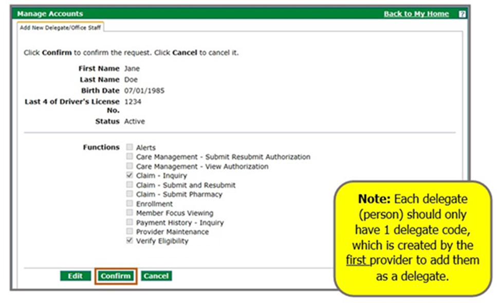 completed Add New delegate tab with confirm button circled