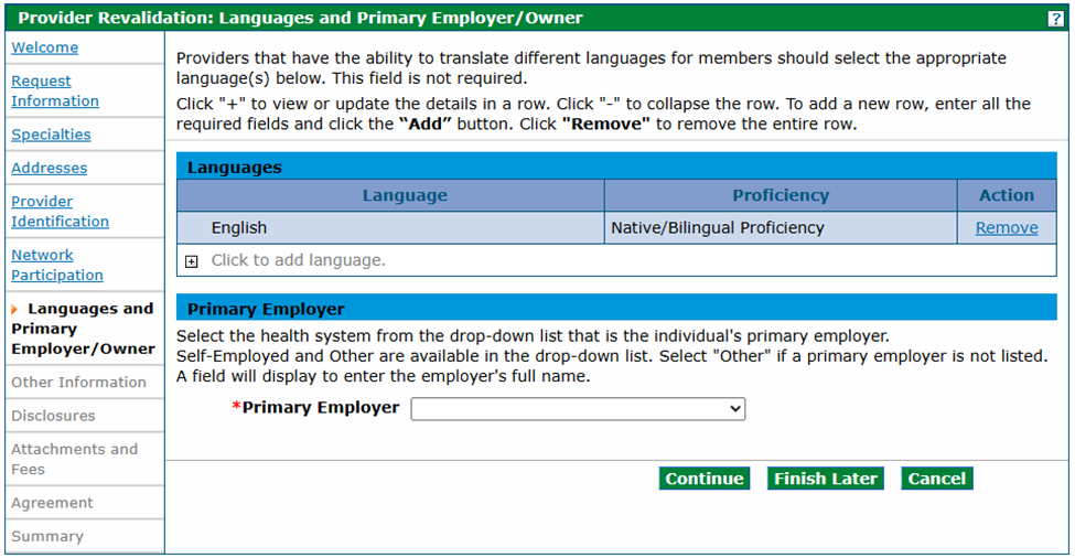 Screenshot of the Provider Revalidation: Languages and Primary Employer/Owner panel with Primary Employer drop-down list