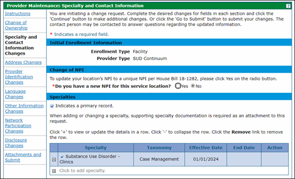 Specialty and Contact Information Changes panel