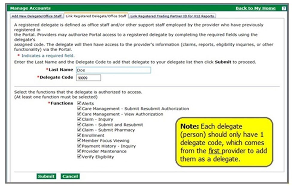 screenshot showing Link Registered Delegate/Office Staff filled out