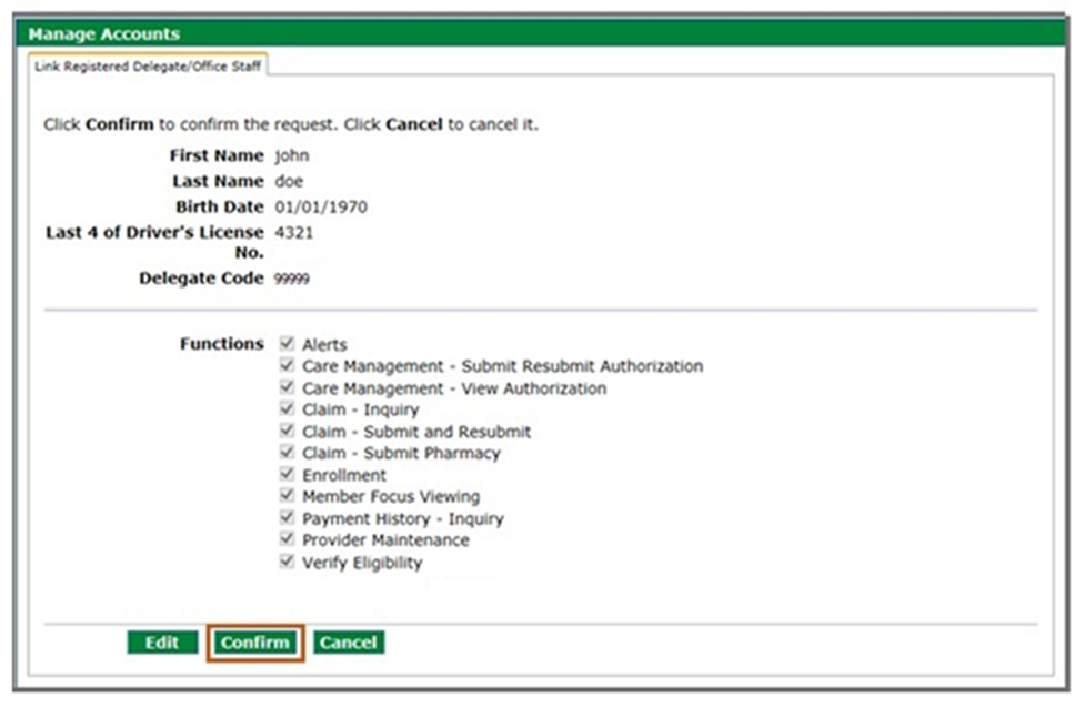 confirm linked delegate