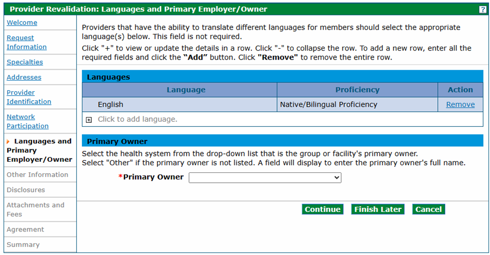 Screenshot of the Provider Revalidation: Languages and Primary Employer/Owner panel with Primary Owner drop-down list
