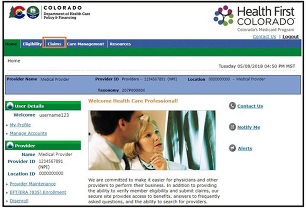 Claims tab in header
