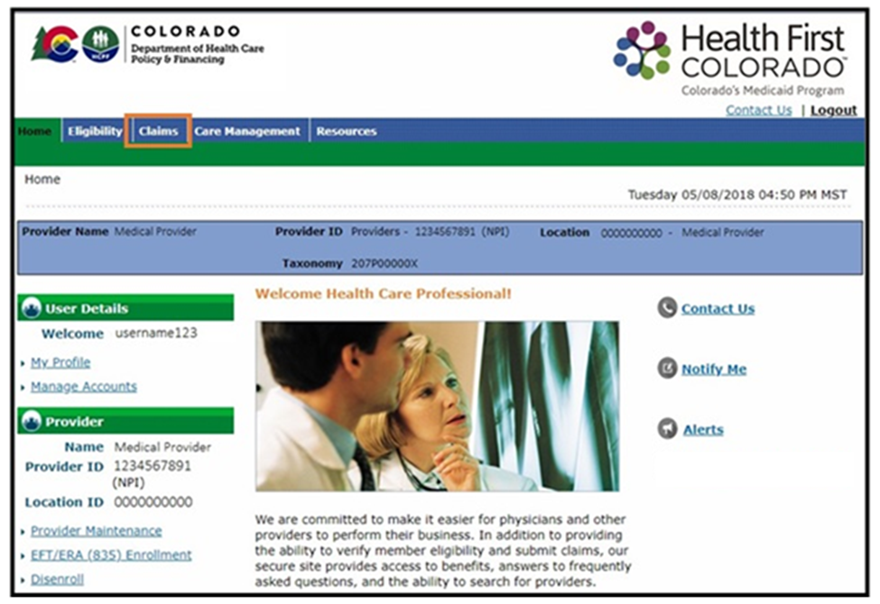 Claims tab in header