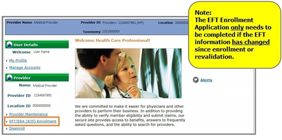 click EFT/ERA (835) Enrollment link