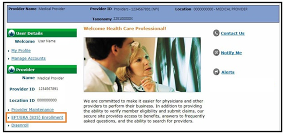 EFT/ERA enrollment link on home page