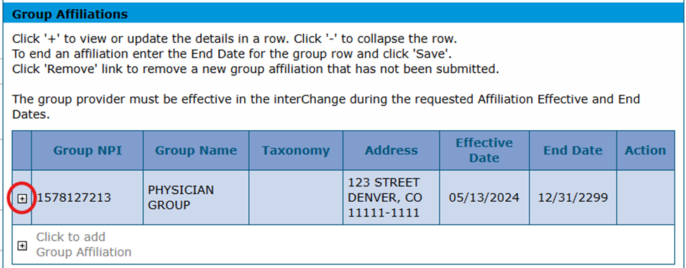 Group Affiliations panel from web page
