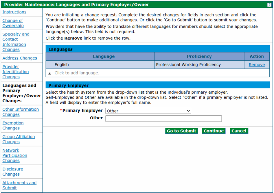 Screenshot of the Provider Maintenance: Languages and Primary Employer/Owner panel with Primary Employer drop-down. "Other" is selected and has a free-form field.
