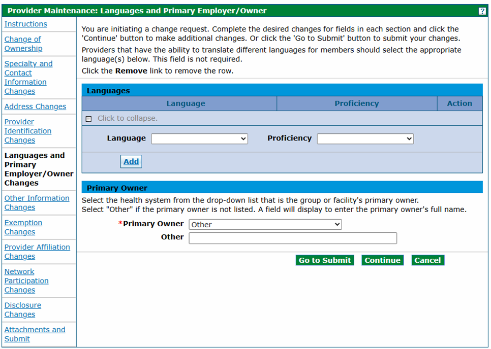 Screenshot of the Provider Maintenance: Languages and Primary Employer/Owner panel with Primary Owner drop-down. "Other" is selected and has a free-form field.