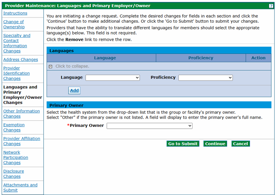 Screenshot of the Provider Maintenance: Languages and Primary Employer/Owner panel with Primary Owner drop-down