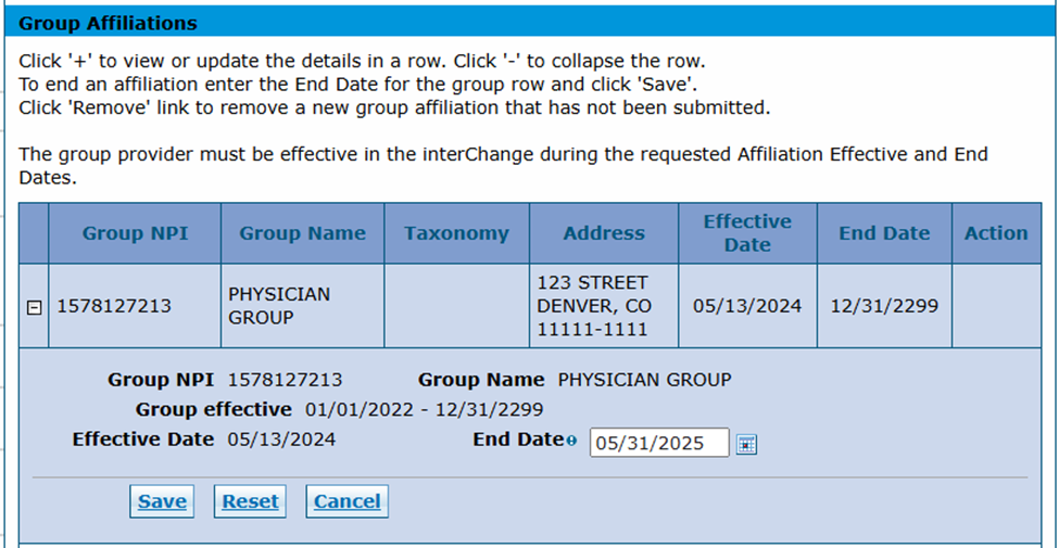 Group Affiliations panel from web page