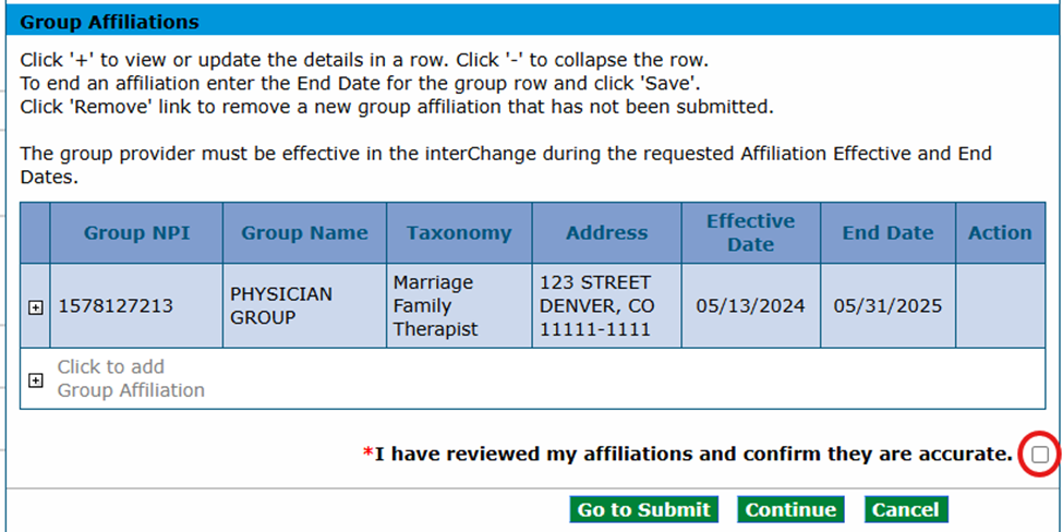 Group Affiliations panel on web page with checkbox