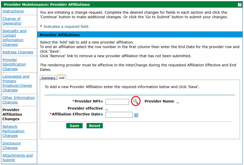 Provider Affiliations panel on web page