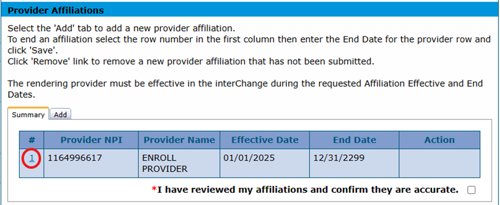 Provider Affiliations panel on web page