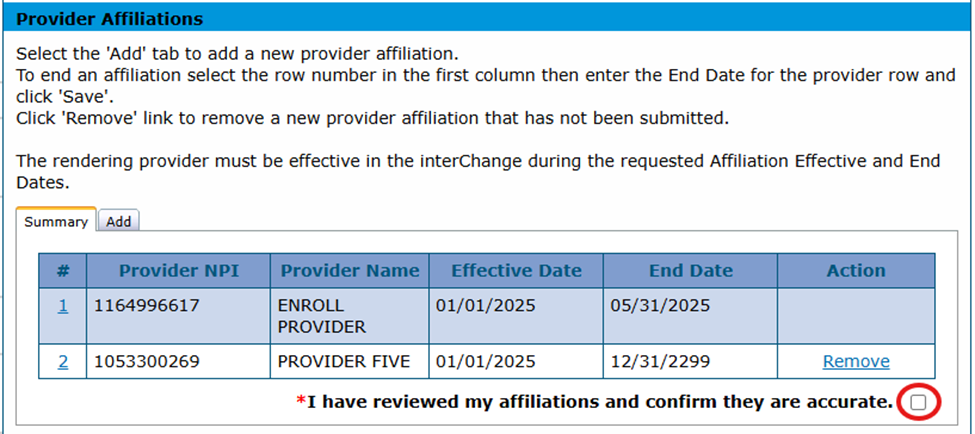 Provider Affiliations panel on web page with checkbox