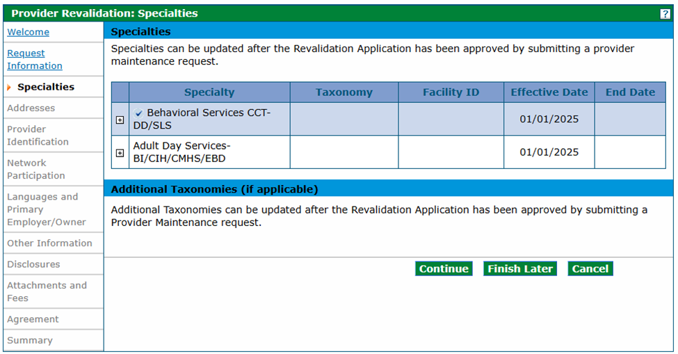 specialties and additional taxonomies: facility ID