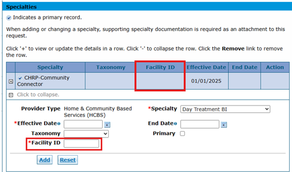 specialties: facility ID