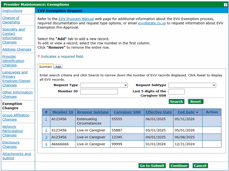 Exemptions panel showing Live-In Caregiver EVV request type