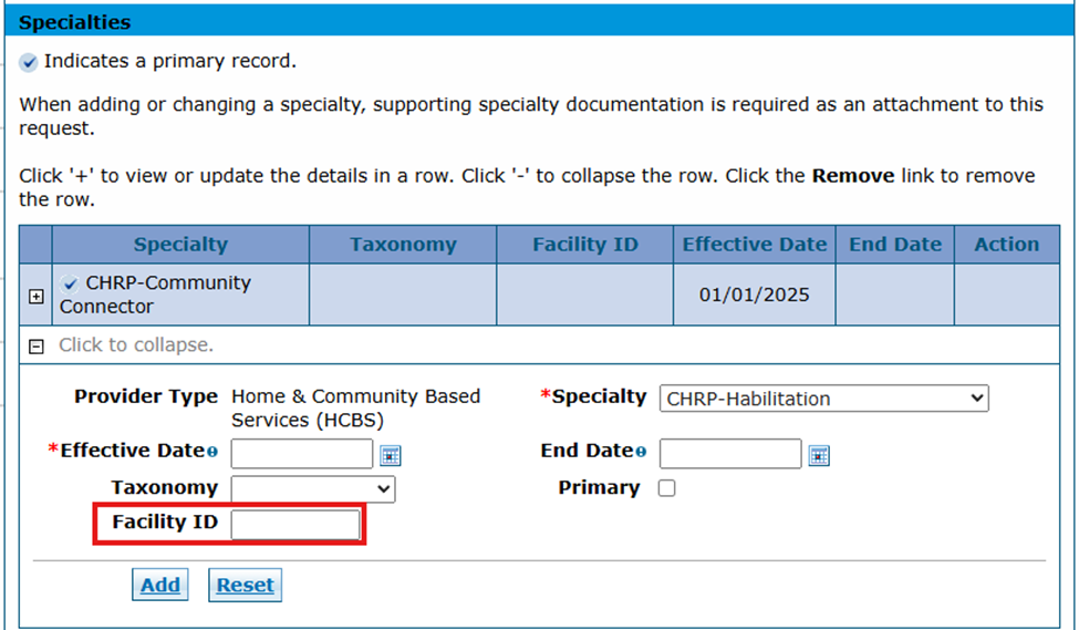 specialties: optional facility ID